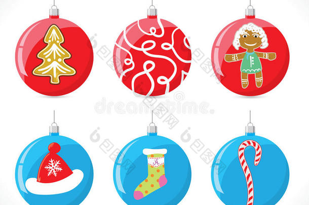 圣诞球在圣诞树上的红色和蓝色，有图案袜子，帽子，糖果，条和沙子女孩