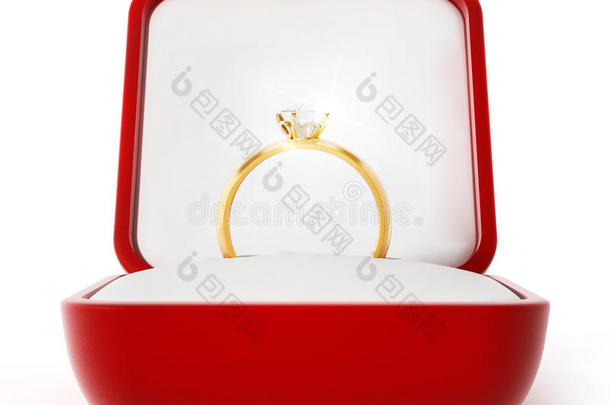 钻石戒指里面打开红色盒子。 三维插图