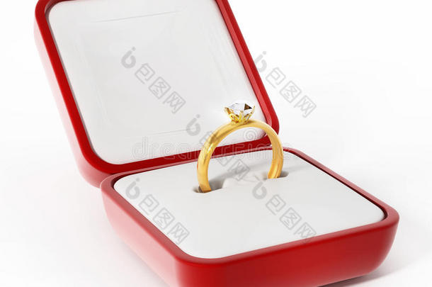 钻石戒指里面打开红色盒子。 三维插图