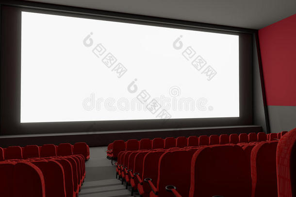 空电影院大厅的空白屏幕。 三维渲染插图