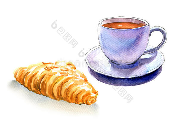 法国早餐，咖啡和牛角面包，孤立的，水彩插图