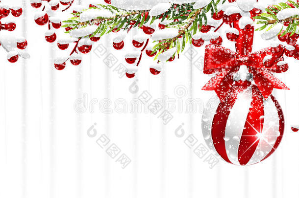 圣诞背景，冷杉树枝和<strong>红球</strong>