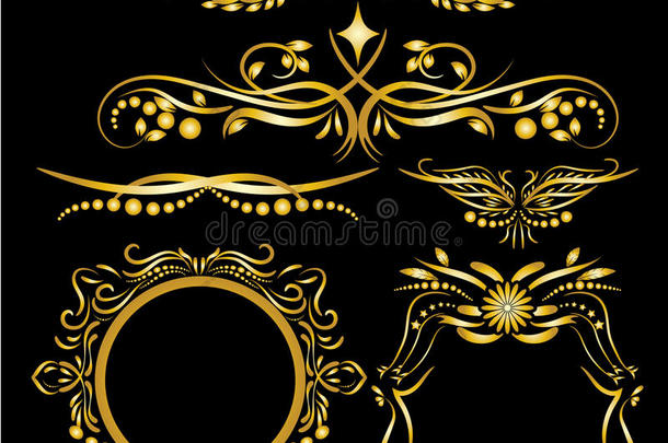 彩色黄金古董装饰元素丰富的书法装饰和框架黑色背景