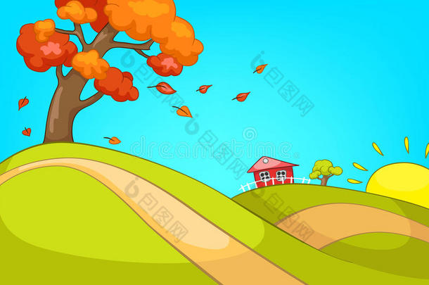 秋天乡村的卡通背景。