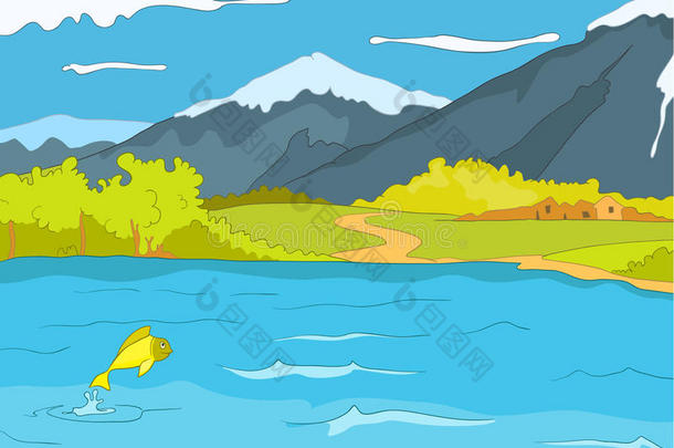 山湖的卡通背景。