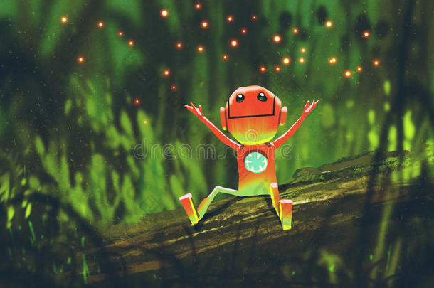 可爱的机器人晚上在森林里玩萤火虫