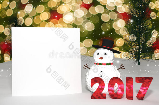 三维渲染：2017年光Bokeh号码和白色卡透视雪景。雪人与闪闪发光的Bokeh墙灯