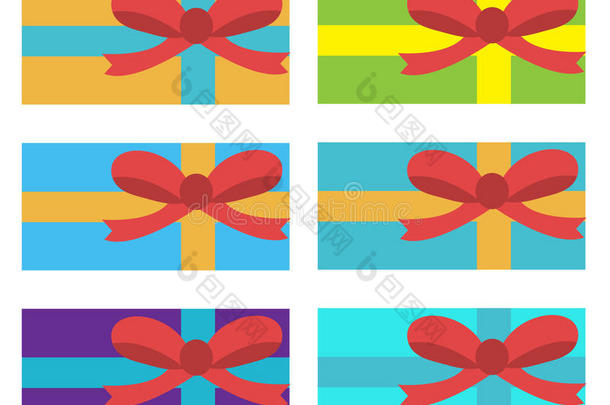 礼品套装。 盒子礼品套装。 彩色假日盒带丝带，扁平风格。 矢量插图