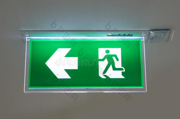绿色紧急出口标志，指示<strong>逃生</strong>的方式
