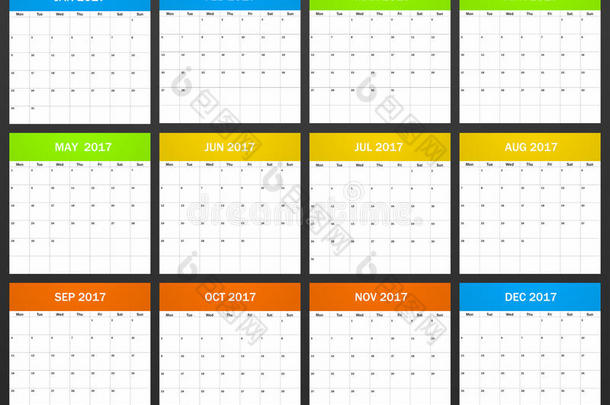 欧洲规划师空白2017。调度程序，议程或日记模板。 星期从星期一开始