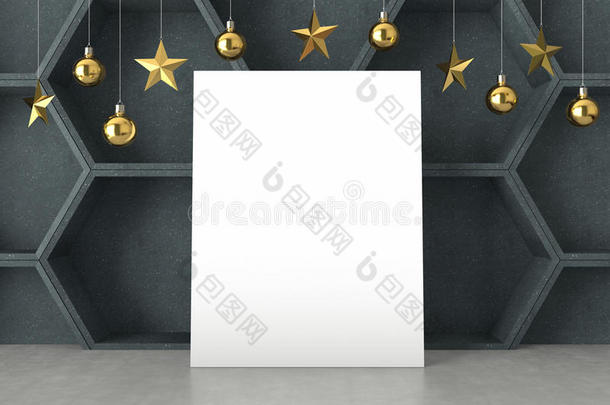 空白海报，悬挂金球和星饰在六边形的背景上。 新年或圣诞节主题。 三维渲染。