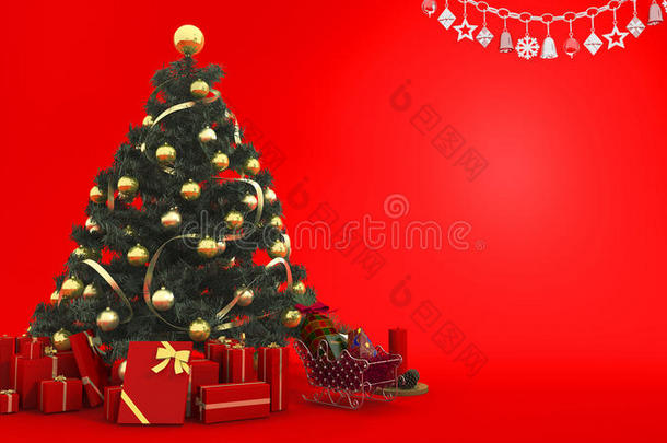 三维渲染黄色铃铛在圣诞树上与礼物和装饰在红色背景与空间放置文字