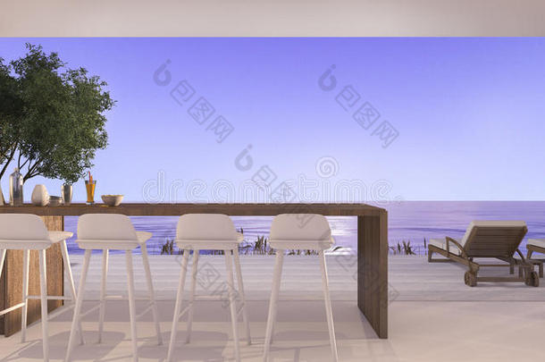 三维渲染餐厅在小别墅附近美丽的海滩和大海与日落