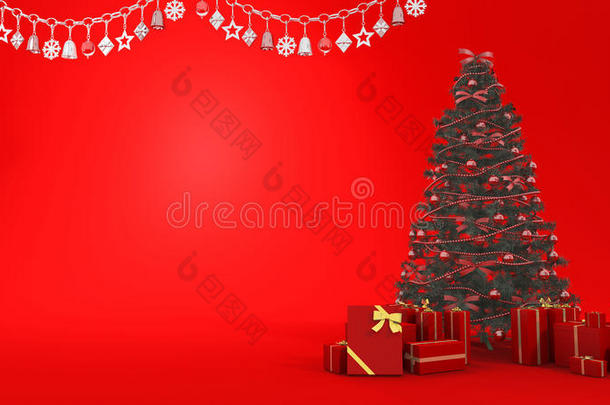 <strong>三维</strong>渲染圣诞树上的<strong>红色</strong>铃铛与礼物和装饰在<strong>红色</strong>背景下，有空间放置文字