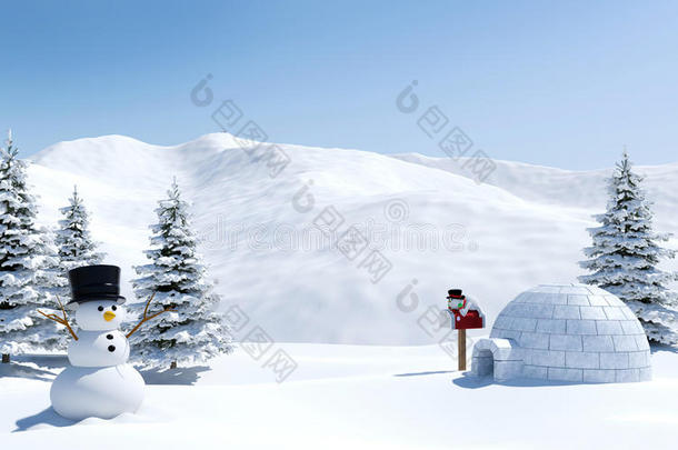 北极景观，雪场与冰屋和雪人在圣诞节假期，北极