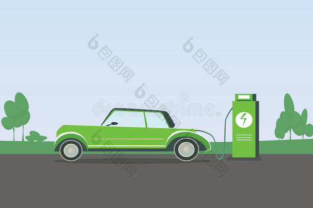 充电器站绿色电动汽车充电的平面矢量图。 电动力