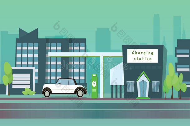 充电器站绿色电动汽车充电的平面矢量图。 电动力