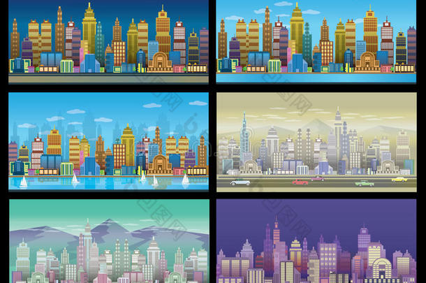 城市游戏背景设置。与复古汽车，二维游戏应用程序。