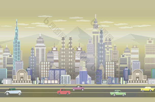 城市游戏背景与复古汽车，2d游戏应用。