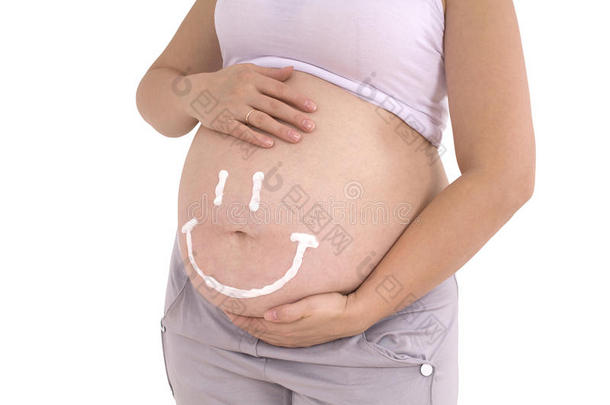 肚子里的孕妇。 护理孕妇腹部皮肤(剪贴
