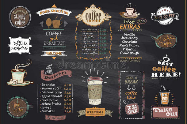 黑板咖啡和甜点菜单设计设置为咖啡馆或餐厅