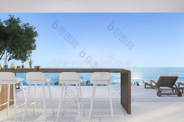 三维渲染餐厅在小别墅附近美丽的海滩和海洋中午与蓝天