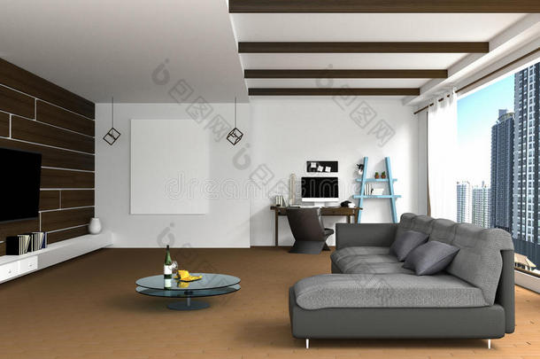 三维渲染：用深色沙发说明<strong>客厅室内</strong>设计。空白相框。书架和白色墙壁。