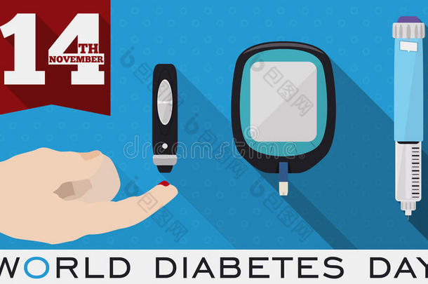 葡萄糖控制和测量元素纪念世界糖尿病日，矢量插图