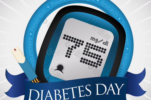 电子血糖仪和试纸纪念世界<strong>糖尿病日</strong>，矢量插图