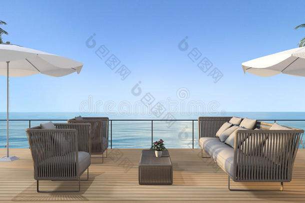 夏季海边木平台上带伞的复古沙滩扶手椅的三维绘制