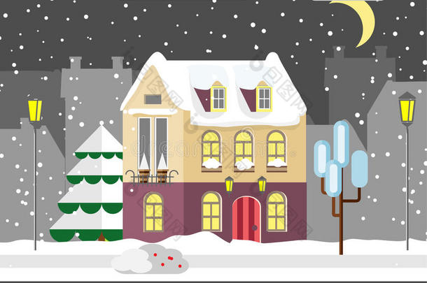 平风格的冬季房子。 小屋。 矢量插图。 降雪背景。 平面设计冬季卡。
