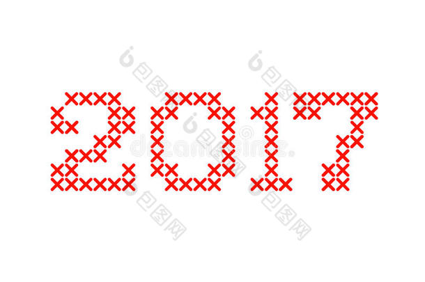 被十字绣文字卷入2017年新年隔离在白色背景上。