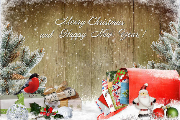 圣诞贺<strong>卡带</strong>礼物，信箱<strong>带</strong>信件，松枝和圣诞装饰品