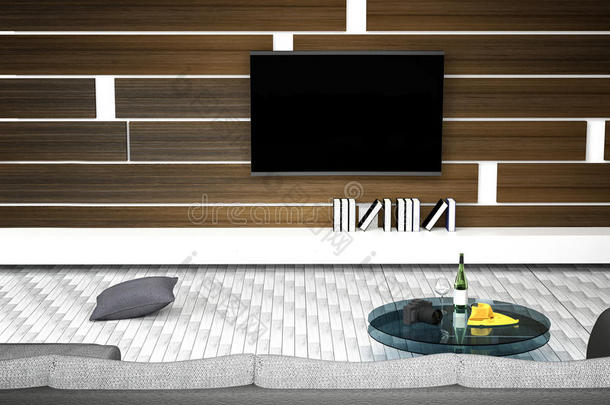 三维渲染：<strong>白色</strong>客厅室内设计插图与沙发。<strong>书架</strong>和木制墙壁。玻璃桌子与酒瓶