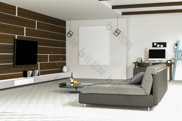 三维渲染：白色客厅室内设计插图与深色沙发。空白相框。书架和白色墙壁