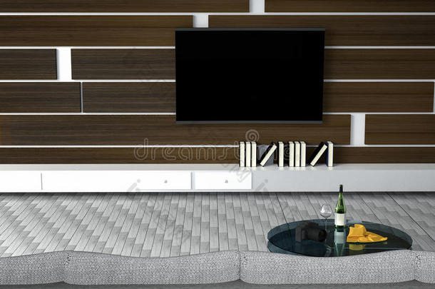 三维渲染：白色<strong>客厅室内</strong>设计插图与沙发。书架和木制墙壁。玻璃桌子与酒瓶