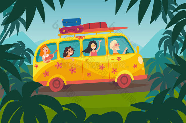 汽车夏季旅行矢量插图。 暑假快乐的人