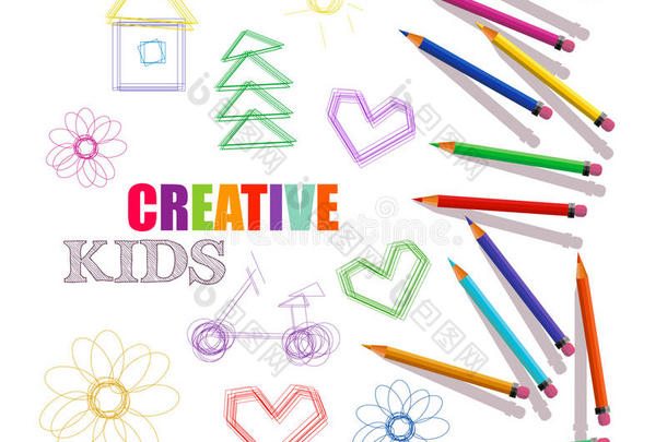 艺术工作室、实验室、儿童课程的创意模板。 彩色铅笔和图纸。