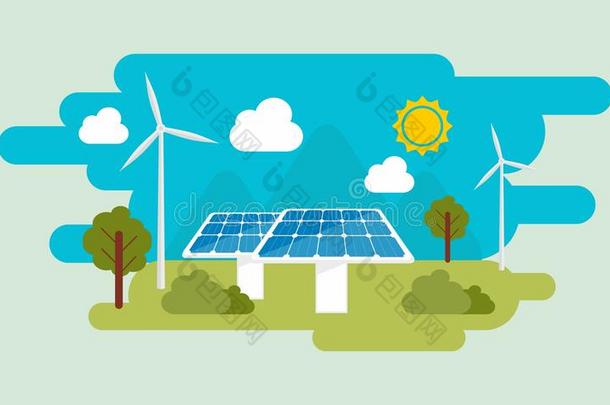 绿色生态能源平面设计说明。 太阳和风能。 太阳能电池板和风电场插图