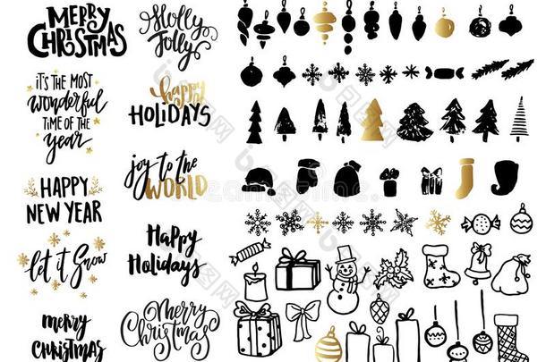 圣诞节和新年设计集。 节日装饰元素：诺尔，球，雪花，礼物。 手写字体。
