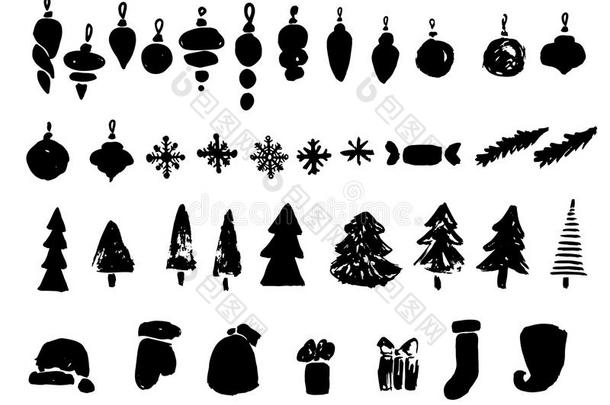 圣诞节和<strong>新年</strong>设计套装。 节日装饰<strong>元素</strong>：诺尔，球，雪花，礼物。 手写字体。