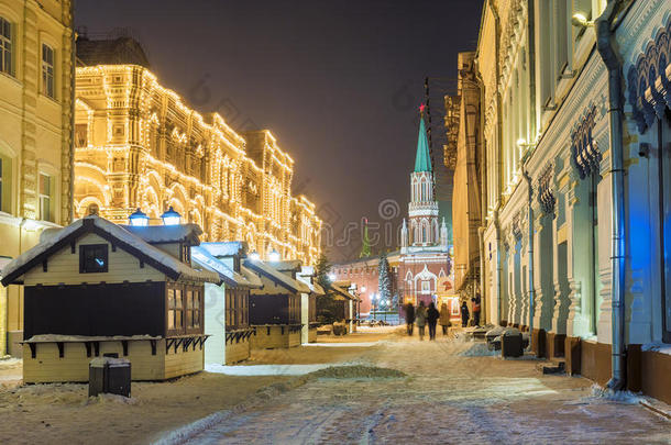 莫斯科圣诞夜。莫斯科尼可斯卡娅街。