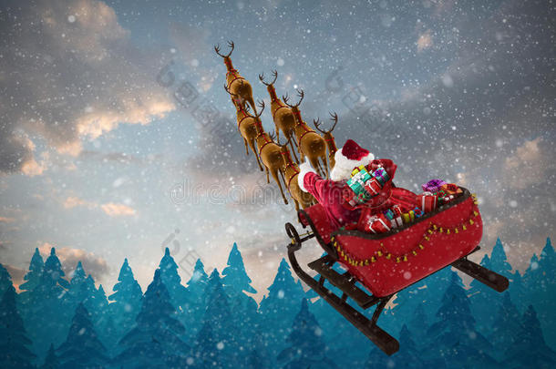 圣诞老人乘坐雪橇带礼品盒的高角度视图的复合图像