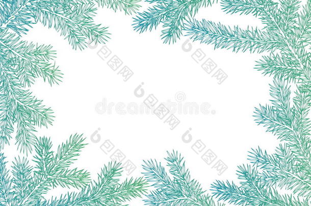 背景由冷杉树枝制成。 圣诞树树枝上的矢量框架进行装饰。 黑色茂盛的云杉树枝与两个SI