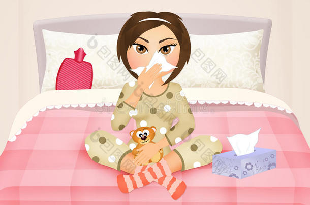患流感的女孩在床上