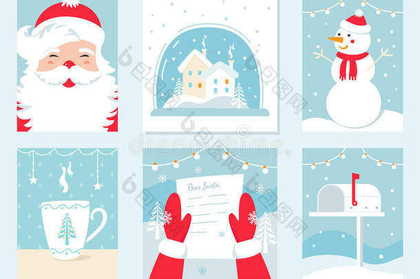 圣诞节和寒假矢量卡。 圣诞老人，雪球，雪人，给圣诞老人的信和邮箱。