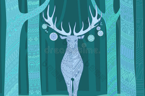 圣诞鹿。 圣诞快乐，新年贺卡与森林中的鹿。 美丽的装饰彩色线条图案