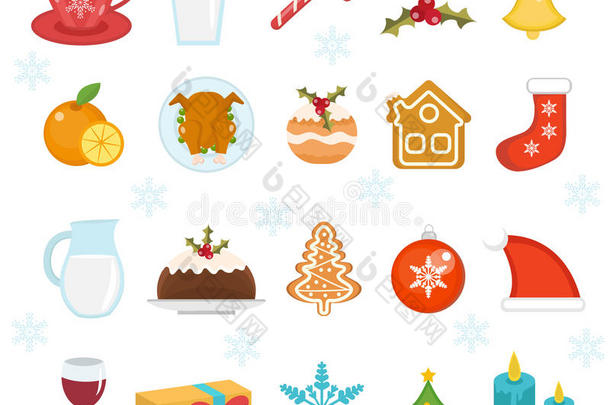 圣诞食品图标设置。 一套传统的圣诞食品和圣诞老人甜点食品。 一套节日食品和装饰品