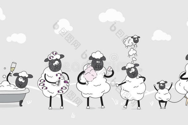 农场动物。 一群可爱的羊。 儿童插图。 有趣的卡通人物。 日常行为。