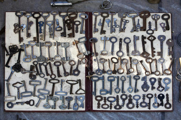 特写展示旧生锈和黄铜钥匙散装装饰或收藏出售在跳蚤市场或车库销售